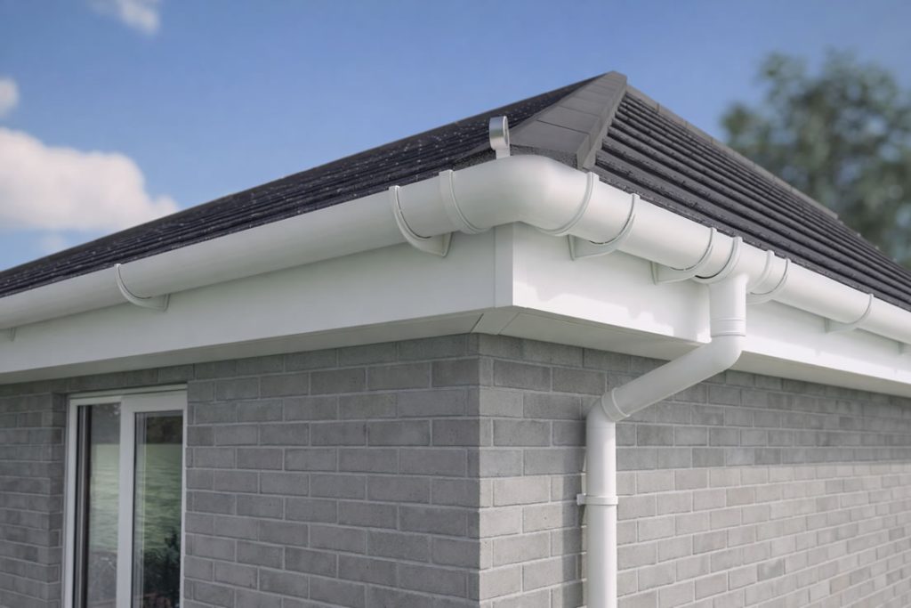 corner of the house with white guttering installed corner of the house with white guttering installed